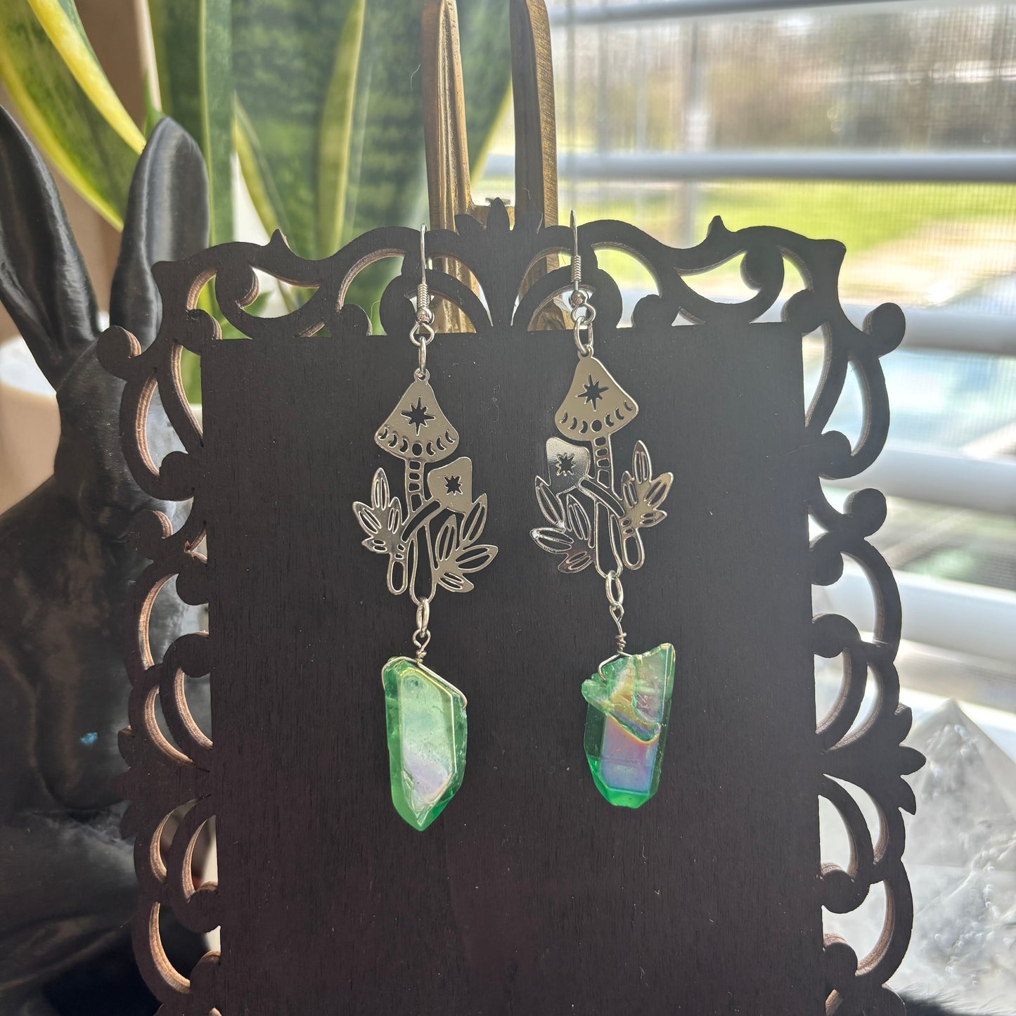 Mushroom & Green Apple Aura Quartz Earrings